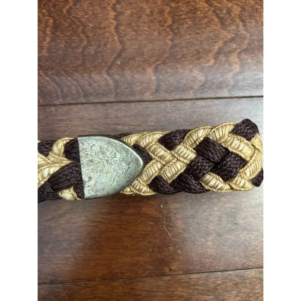 Vintage Braided Fiber and Leather Woven Belt in Brown and Tan with Metal Buckle